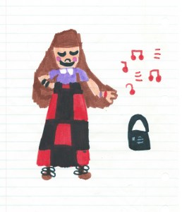 Lest you think I'm morbid, here's a perfectly normal drawing of a girl in a bohemian skirt and bangle bracelets jamming out to a cassette player.