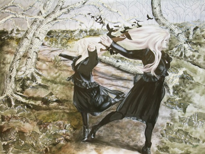 The Dance, Awarded Best 2D; prismacolor pencil, ink, watercolor, fabric, book pages, embroidery thread