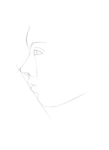 Go ahead and add the iris, and the eylid and the arch of the eyebrow. Don't just draw a generic, upside down smile eyelid on top. Pay particular attention to the reference's unique eyelid shape. Also, add some detail to the nose. Note that the nostril ends at about where the lip curves out. Also, gauge the angle with your pencil of the front edge of the eye to the curve of the side of the nose. Draw that angle lightly on your paper. This will indicate where the curve should fall. Once again, don't just draw a parentheses - note the distinct shape of the reference's curve around the nostril - it's a little more straight. As you draw more potraits, you will find that noses (and eyes, and mouths for that matter) are literally like snowflakes - absolutely no two exactly alike. 