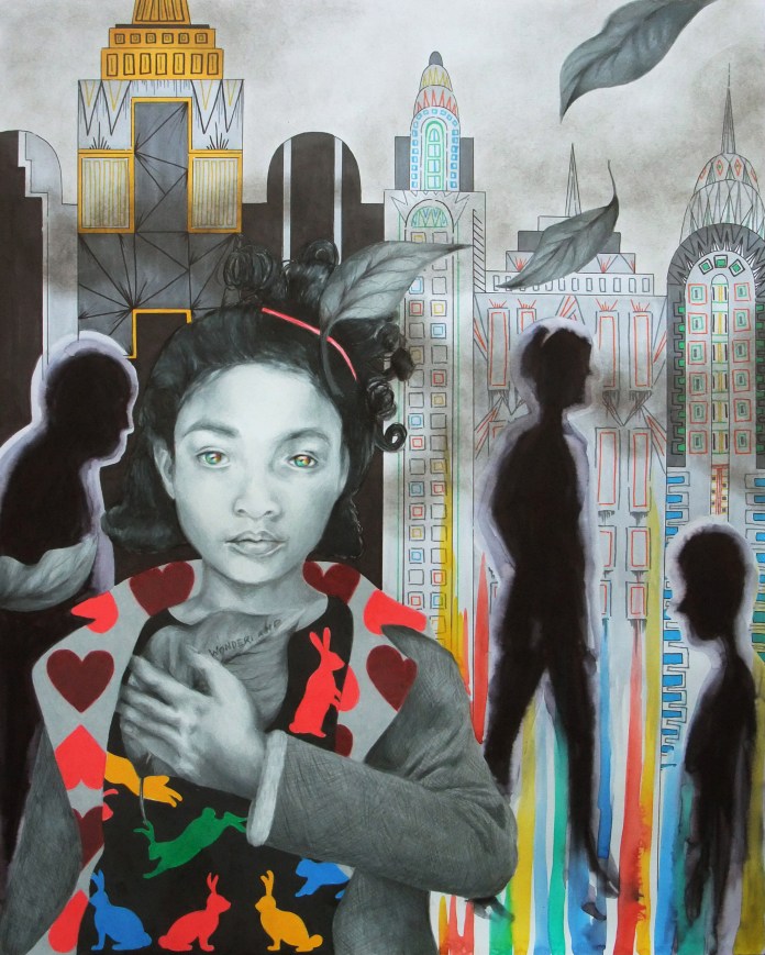 Further developed shading on the skin where needed to have harmony with the values of the background, dripped colorful watercolor up from the bottom of the composition, and chalked dark clouds over the background to recede it further back, and draw the eye to the figure. I believe it is now finished :).