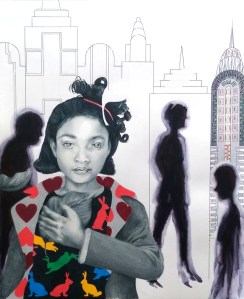 Added more color by putting a pattern on the lapel of her jacket, and began rendering the cityscape in the background in ink.