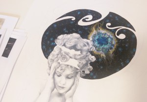 Initial portrait shading finished, and just filled in the space scene with acrylic.