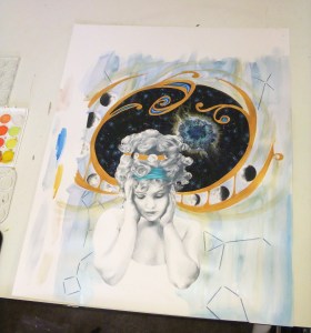 Darkened some of the shading on the figure to balance the dark areas of deep space and the moon phases pattern, and added layers of metallic watercolor to the background. Also detailed some constellations over the watercolor.