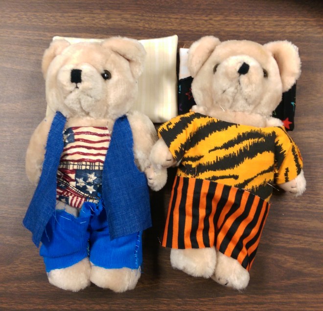 Naked no more! These bears have a snazzy new wardrobe thanks to the sewing class.