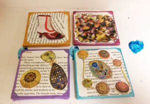 Coasters by Lori : Wood Samples (It pays to have a boyfriend who works at a furniture store ;)) covered in book pages and magazine cutouts accented in metallic acrylic. Felt is applied to the bottom to prevent scratching. Sealed with mod podge aka my lifeblood.